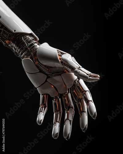 A grayscale image of a realistic robot hand with fingers extended.