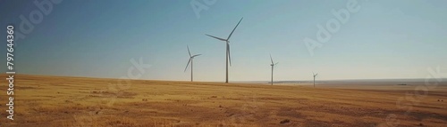 Advertising shot capturing sleek white wind turbines in an open field, symbolizing renewable energy with a clear, expansive backdrop