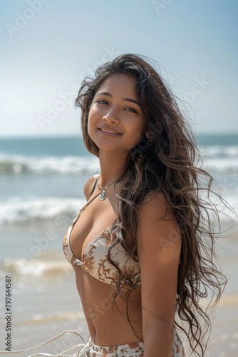 beautiful tanned Indian woman with a long wavy black hair with brown highlights, wearing beachwear, beach outfit, woman in her 20s, beach, standing at the beach, outdoor, summer vibes