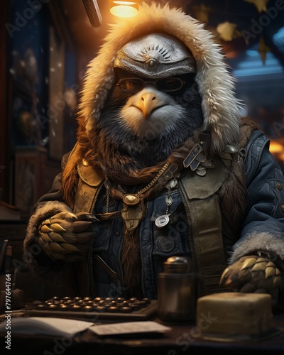 An owl sits at a desk, wearing a hat, scarf, and jacket. The owl is holding a pen and writing in a book.
