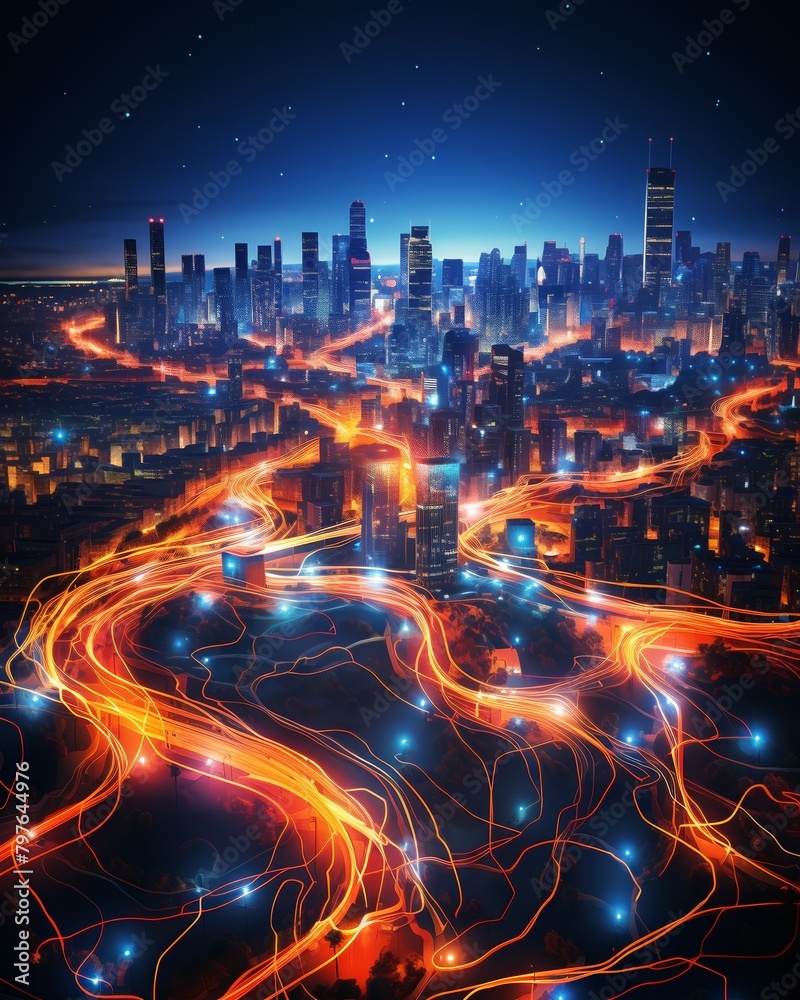 Fototapeta premium City lights at night with glowing orange and blue lines flowing through the streets.