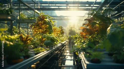 Hydroponic greenhouse filled with lush green plants growing in nutrient-rich water