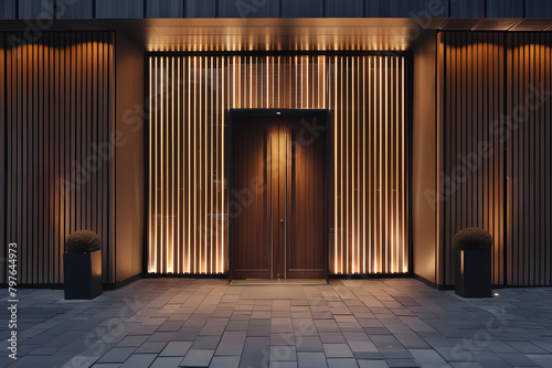 A boutique hotel entrance with a minimalist facade, featuring vertical wood slats and soft, ambient lighting