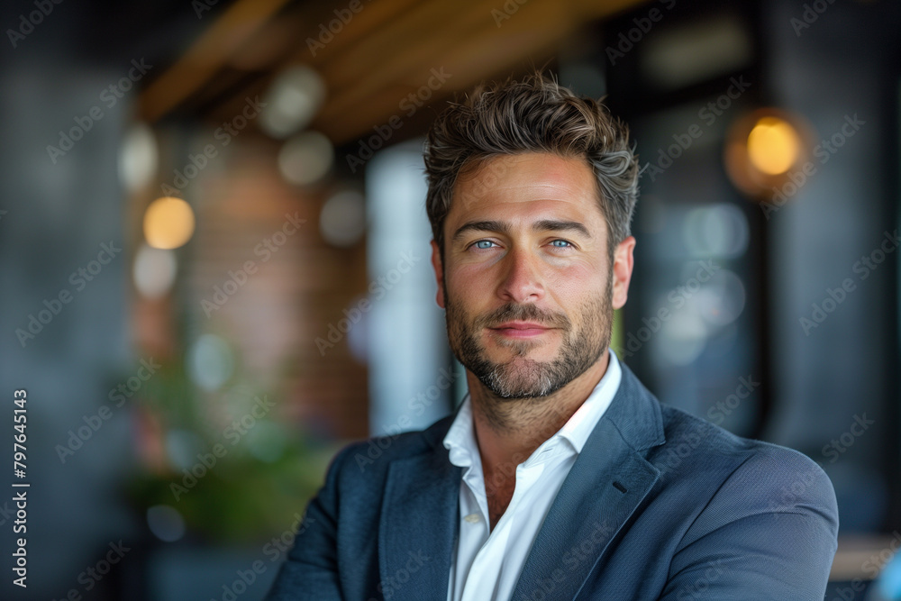 Within a stylish office setting, the portrait showcases a middle-aged businessman with a beard, projecting a commanding presence in his sophisticated suit. Within a stylish office setting, the portrait showcases a middle-aged businessman with a beard, projecting a commanding presence in his sophisticated suit.