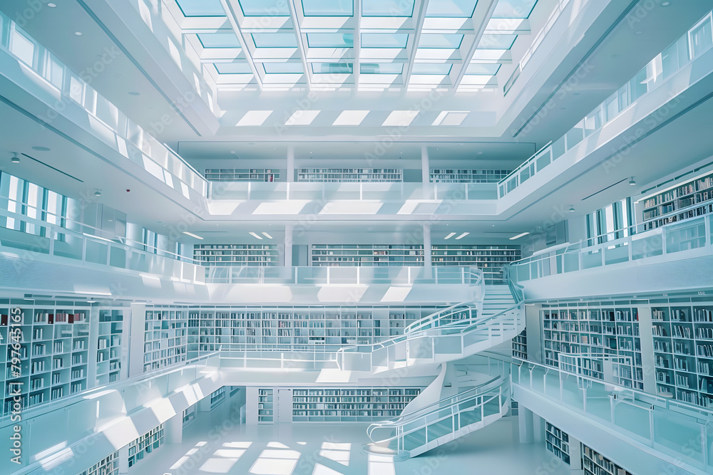 A serene public library with vast, open spaces, flooded with natural light from skylights above A serene public library with vast, open spaces, flooded with natural light from skylights above