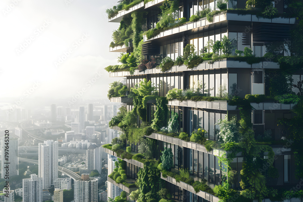 Luxury residential tower with a minimalist design, vertical gardens, and panoramic city views