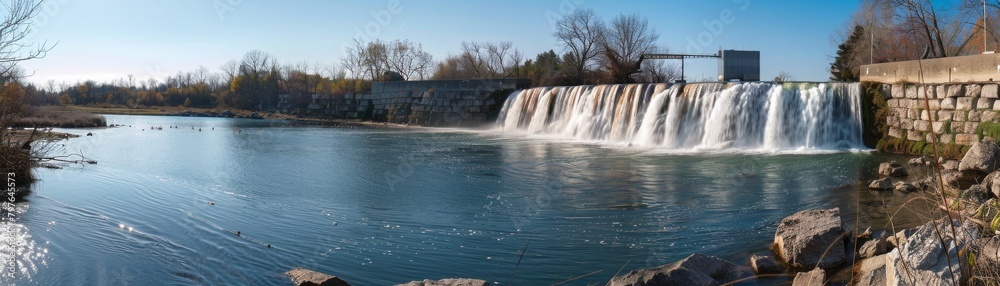 Wideangle photo of a natural waterfall with a small turbine installation, showcasing the cool blue waters and ingenious engineering Wideangle photo of a natural waterfall with a small turbine installation, showcasing the cool blue waters and ingenious engineering