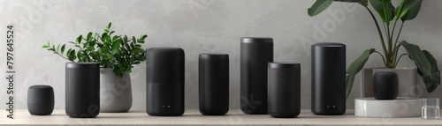 Wallpaper Mural Wideangle photo showcasing a series of innovative smart speakers in sleek black, arranged in a stylish, minimalist room Torontodigital.ca