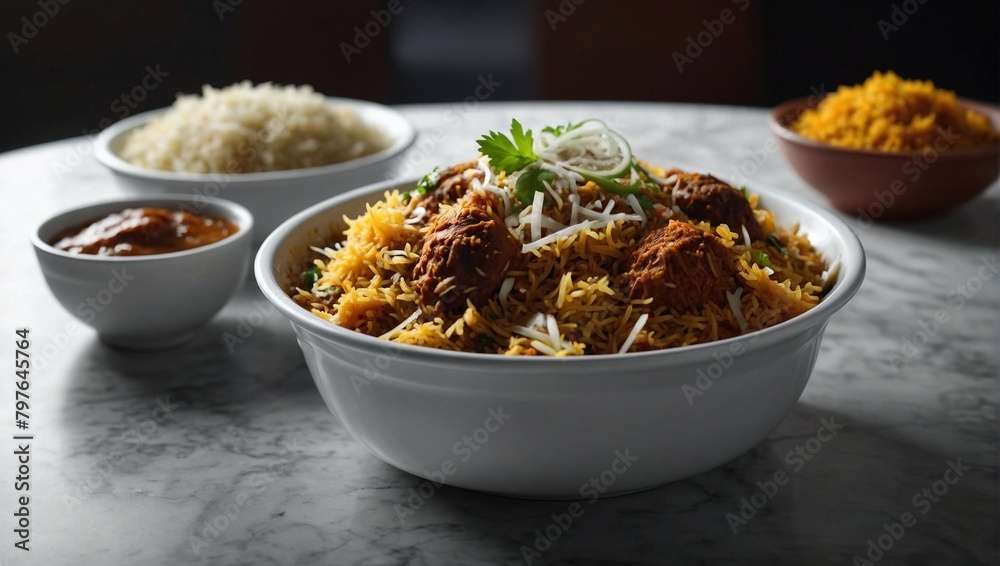 Full plater biryani in restaurant fast food on white Full plater biryani in restaurant fast food on white