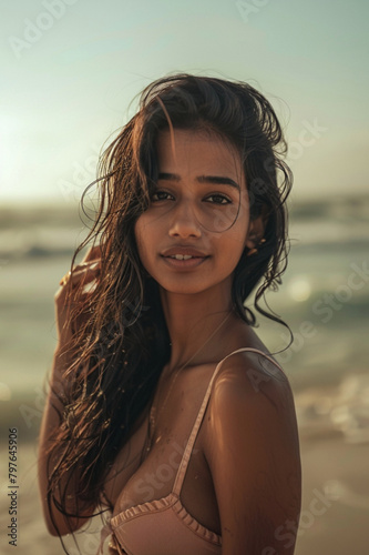 beautiful tanned Indian woman with a long wavy black hair with brown highlights, wearing beachwear, beach outfit, woman in her 20s, beach, standing at the beach, outdoor, summer vibes