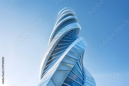 Futuristic skyscraper with a dynamic, twisting design against a clear blue sky, embodying innovation and modernity 