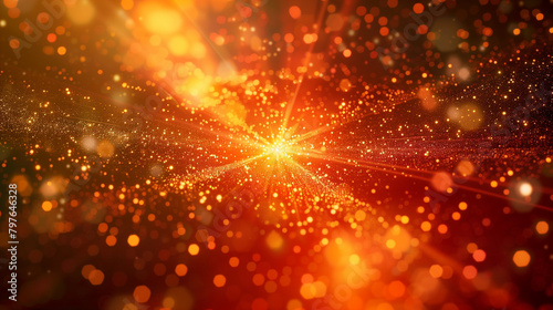 Red Gold particles fly. Glittering light ray beam background. photo