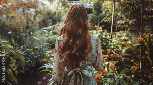 A girl walks in a flowering garden she has a vintage background