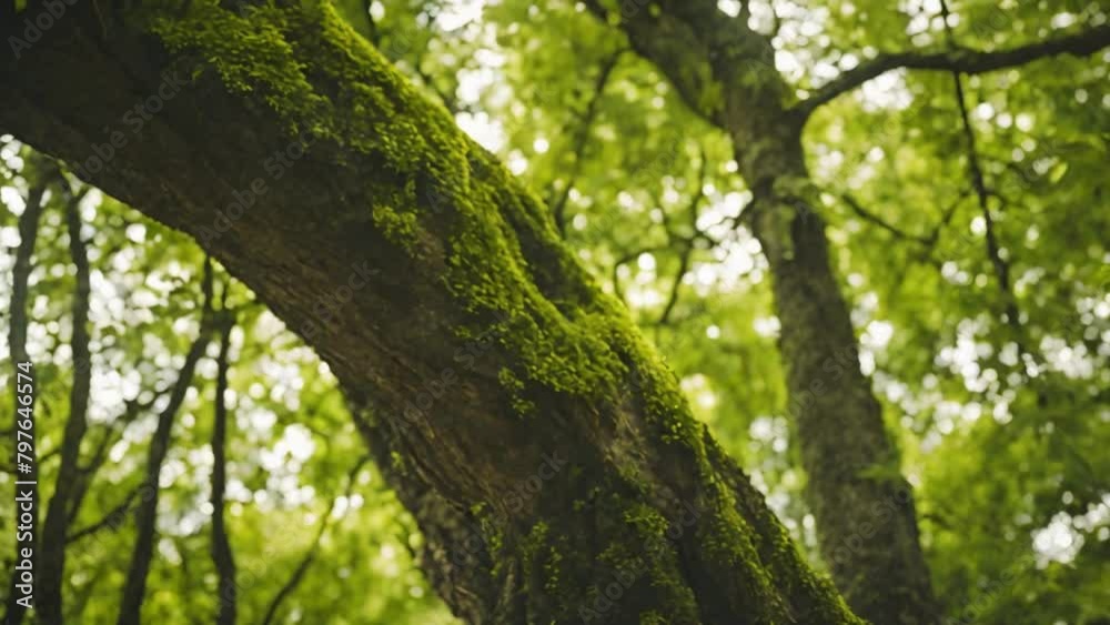 The tree trunk extends upward, branching out beneath the sunlight in its lush green surroundings of nature The tree trunk extends upward, branching out beneath the sunlight in its lush green surroundings of nature