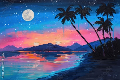 Sunset on the beach painting moon tree.