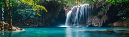 Serene hidden waterfall cascading into a crystalclear pool  the vibrant blues of the water creating a tranquil retreat in this advertising shoot