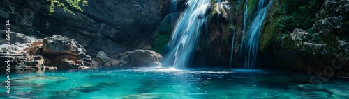 Serene hidden waterfall cascading into a crystalclear pool  the vibrant blues of the water creating a tranquil retreat in this advertising shoot