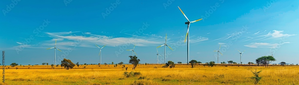 Professional photo of multiple sleek white wind turbines in a rural setting, showcasing their elegance and renewable capabilities Professional photo of multiple sleek white wind turbines in a rural setting, showcasing their elegance and renewable capabilities