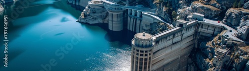 Professional photo showcasing the formidable structure of a hydroelectric station and dam against a backdrop of deep blue water
