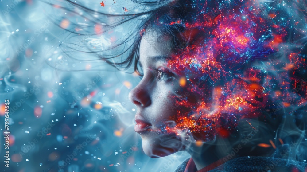 A young girl with a colorful background and smoke coming out of her head, AI