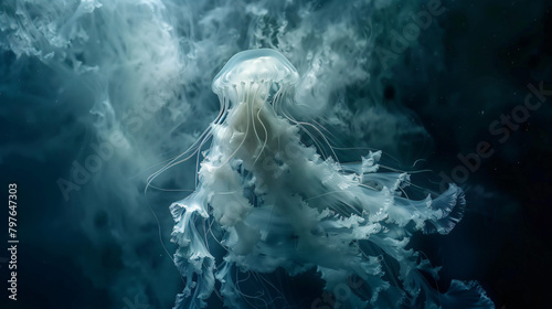 A jellyfish girl floating in levitation on a dark ocean photo