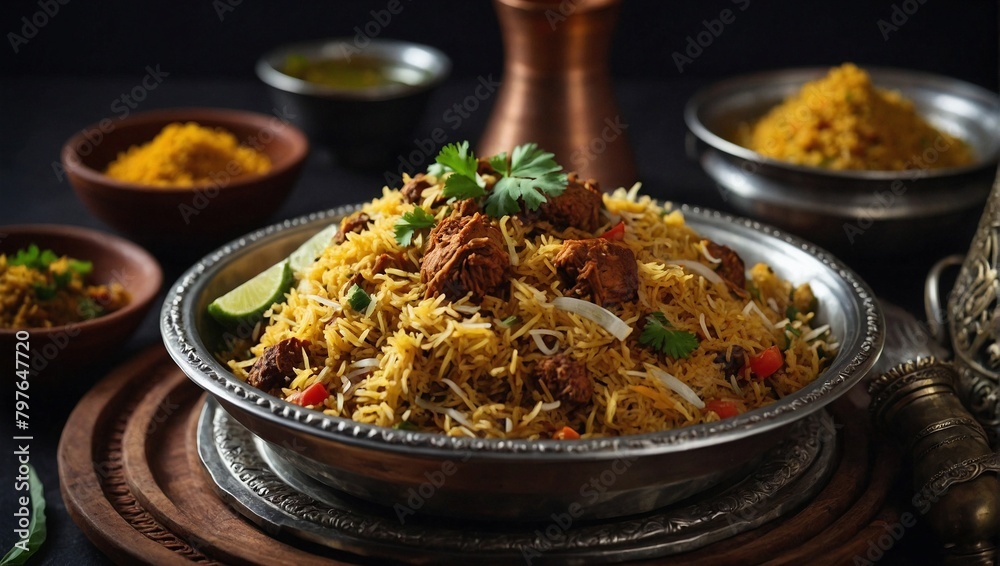 Full plater biryani in restaurant fast food on white
