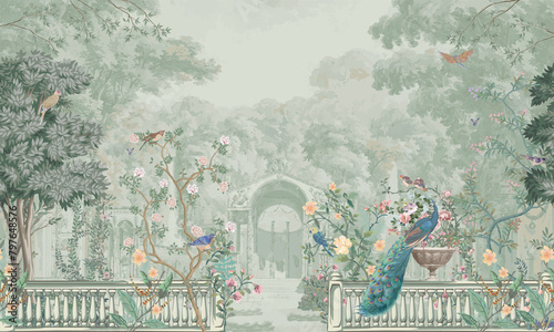 Vintage Roman mural wallpaper with garden, forest, peacock, bird, flower vase, botanical plant landscape illustration photo