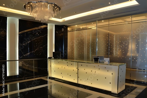 Luxurious hotel lobby interior featuring a stylish reception desk and sparkling chandelier lighting. photo