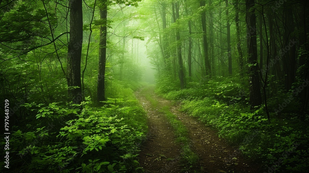 Obraz premium Path winding through a secluded forest, the deep greens of the surrounding foliage enhancing the mysterious and secretive atmosphere