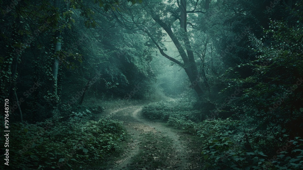 Path winding through a secluded forest, the deep greens of the surrounding foliage enhancing the mysterious and secretive atmosphere