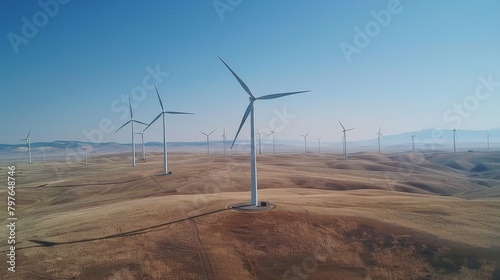 Panoramic shot of a natural landscape dotted with wind turbines, the clear blues above portraying a sense of majesty and clean energy
