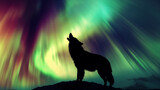 A wolf is standing on a rock and howling at the night sky. The sky is filled with bright green and blue auroras.

