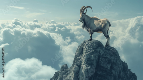 A mountain goat stands on a rocky peak above the clouds.

 photo
