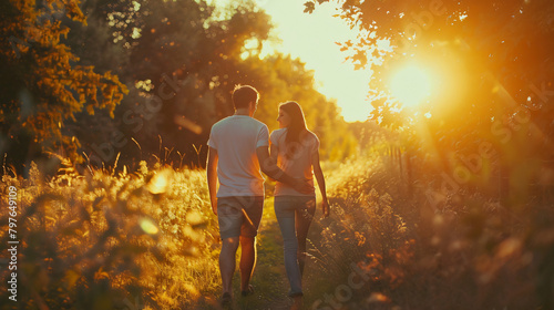 A loving couple walks and hugs. Background beautiful 