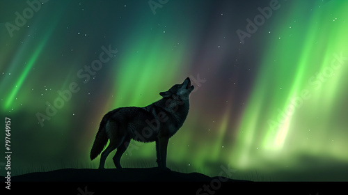 A wolf is standing on a rock and howling at the night sky. The sky is filled with bright green and blue auroras.  