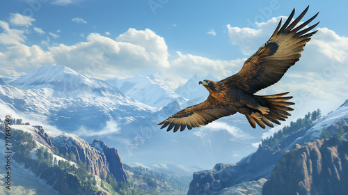 An eagle is flying in the sky above snow-capped mountains.