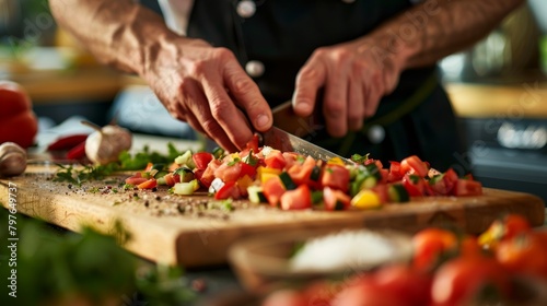 Closeup of a chefs hands chopping fresh vegetables on a colorful cutting board