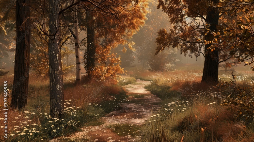 Fototapeta premium Gentle pathway through a secluded forest, the earthy browns of the environment creating a warm, tranquil escape into nature