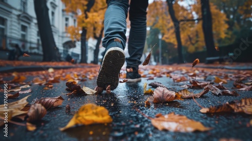 A pedestrian is walking on an autumn city road, kicking up fallen leaves with each step