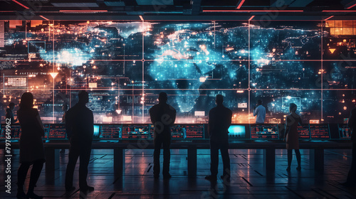 Analyst picture Cyber Security Operations Center with AI-powered screens and maps of global networks ,Protecting digital infrastructure ,technology ,digital photo