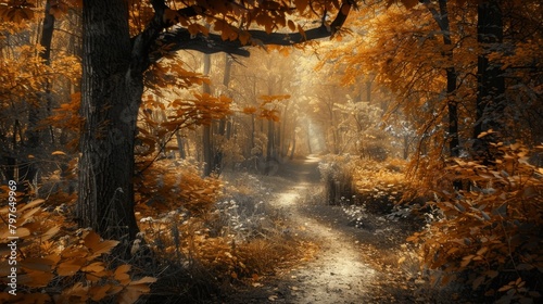 Gentle pathway through a secluded forest  the earthy browns of the environment creating a warm  tranquil escape into nature