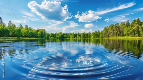 Gentle ripples on the surface of a secluded lake, the vibrant blues reflecting the sky and creating a perfectly serene setting for relaxation photo