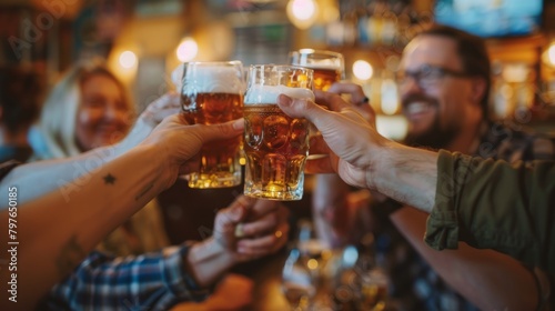 Closeup of a group of people joyfully raising glasses of beer in a celebratory toast, capturing a moment of friendship and camaraderie