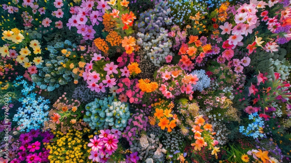 A high-angle view of a large group of vibrant flowers covering a field in a colorful carpet of blossoms