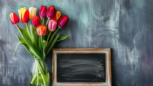 colorful tulips in a Vase with gray background and chalkboard. mother's day