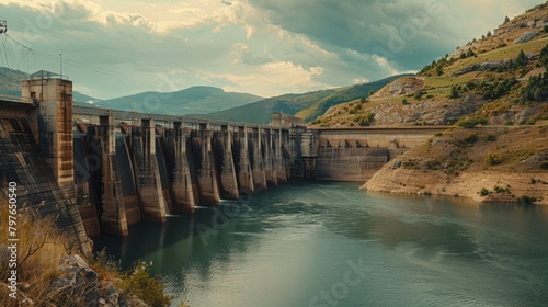 Dynamic advertising image of a powerful dam and hydroelectric station, integrated perfectly with the earthy browns of its natural setting