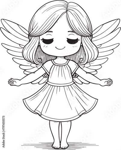 A cute little girl with wings is standing in a white dress