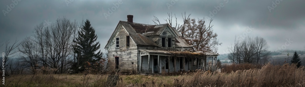 Desolate scene of an abandoned house, captured in muted grays to highlight its eerie solitude and forgotten history in an advertising shoot Desolate scene of an abandoned house, captured in muted grays to highlight its eerie solitude and forgotten history in an advertising shoot