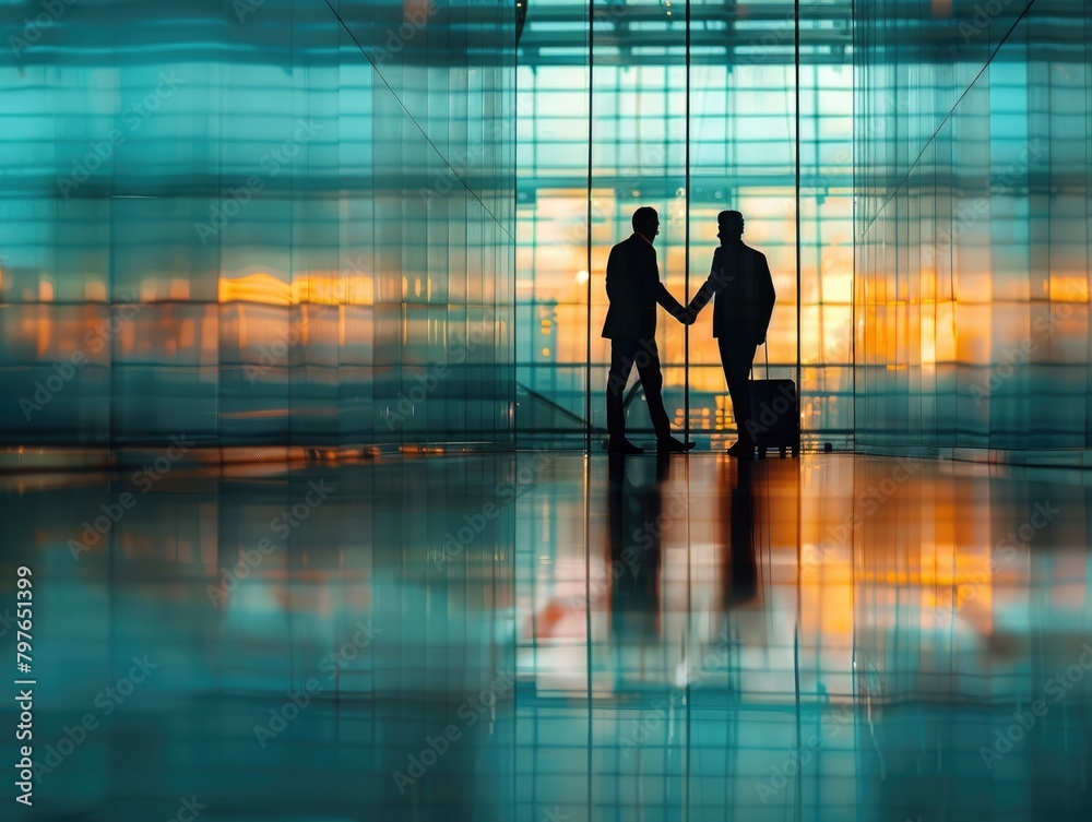 Two business men shaking hands in the airport lobby at sunset Two business men shaking hands in the airport lobby at sunset
