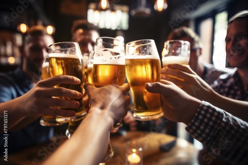 Group of friends toasting with beer in pub  close-up. Group of friends clinking glasses of beer at bar or pub. pub concept with copy space. 